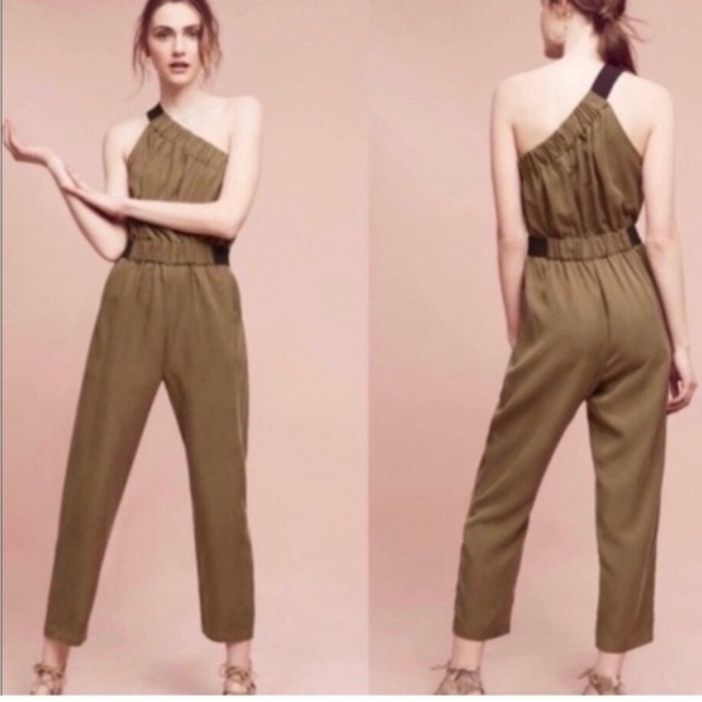 Anthropologie Maeve Verano Olive green one shoulder jumpsuit